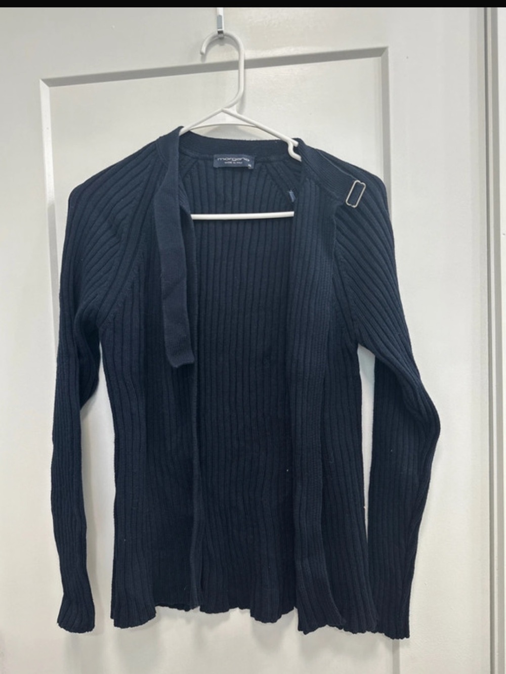 Morgano Italy Navy Ribbed Open-Front Cardigan with Collar Buckle